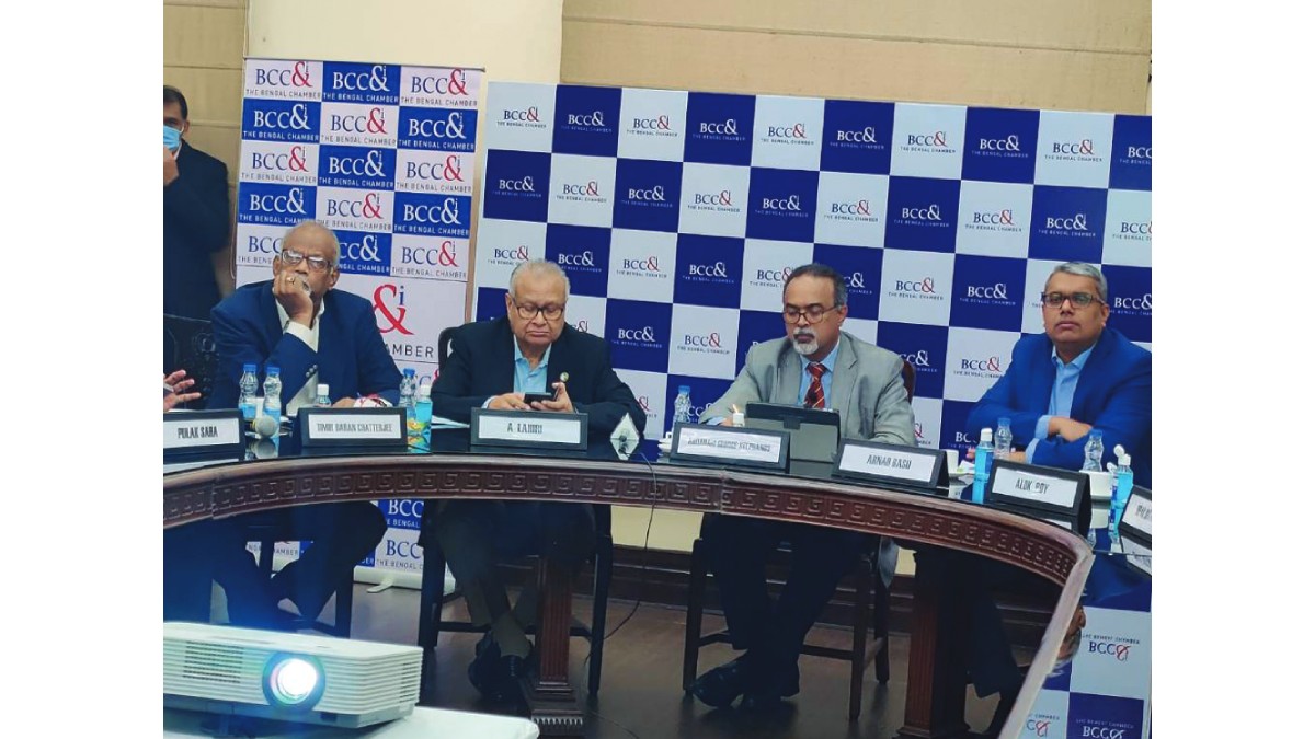 Union Budget 2022−23 Viewing Session in progress (L−R) Mr. T. B. Chatterjee, Chairperson − Indirect Taxes Committee, The Bengal Chamber of Commerce & Industry & Partner, TCN Global Advisory Services, Mr. Anirudhha Lahiri, Former President, The Bengal Chamber of Commerce & Industry and Former Director, HUL and Senior VP, Unilever, Mr. Abraham Stephanos, President, The Bengal Chamber of Commerce & Industry and Managing Director, Tata Steel Downstream Products Limited, Mr. Arnab Basu, Vice President, The Bengal Chamber of Commerce & Industry and Advisory Leader and Partner, PwC India