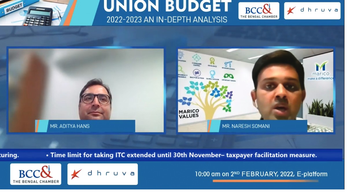 Session on Industry Perspectives on Union Budget 2022−23 on Direct Taxes & Indirect Taxes in progress (L−R) Moderator: Mr. Aditya Hans, Partner, Dhruva Advisors LLP, Panelist: Mr. Naresh Somani, Head Taxation, Marico Limited