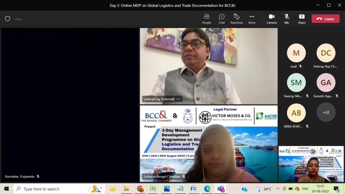 Mr. Subhojit Roy, Member, Shipping and Logistics Committee of The Bengal Chamber & Partner, Victor Moses & Co (Solicitors, Advocates & Trademark Attorneys), conducting the course on 26th August 2022