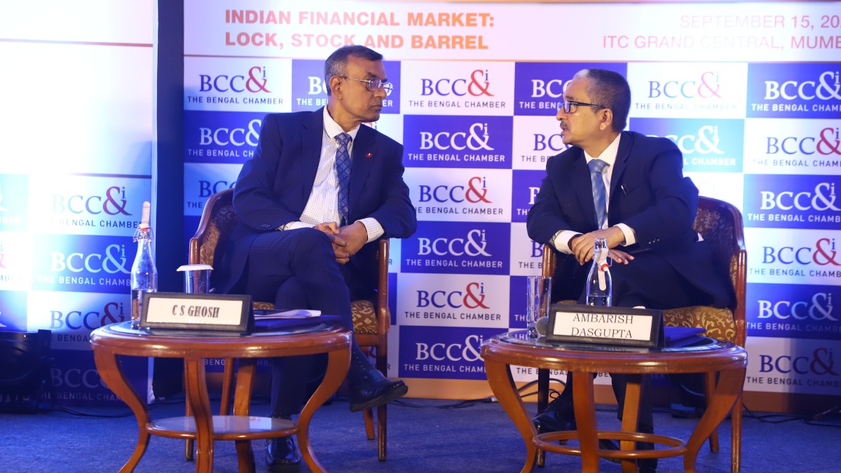 Former Presidents of BCC&I in conversation with each other.MD & CEO, Bandhan Bank Ltd., Mr. C S Ghosh, discussing Indian Financial Market: Lock, Stock and Barrel with Mr. Ambarish Dasgupta, Senior Partner, Intueri Consulting LLP