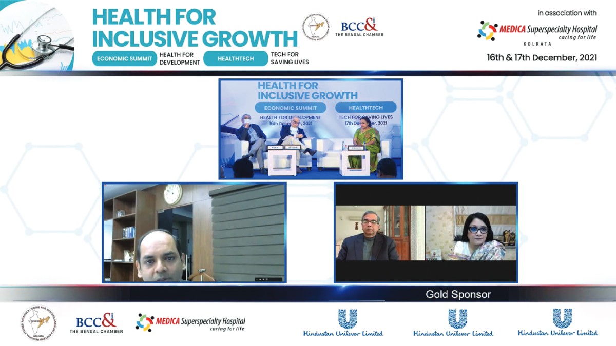 Shri Narayan Swaroop Nigam, IAS, Secretary, Department of Health and Family Welfare, Government of West Bengal (2nd Row L) gracing the Opening Session along with 2nd Row L−R : Professor K. Srinath Reddy, President, Public Health Foundation of India; Dr. Rupali Basu, Managing Director and CEO, Woodlands Multispeciality Hospital Limited; 1st Row: L−R− Mr. Arnab Basu, Vice President, The Bengal Chamber and Advisory Leader and Partner, PwC India; Moderator Dr. Kunal Sarkar, Senior Vice Chairman, Senior Cardiac Surgeon & Head (Medica Institute of Cardiac Sciences), Medica Superspecialty Hospital; Ms. Suchita Gupta, Chairman− cum−Managing Director, National Insurance Company Ltd
