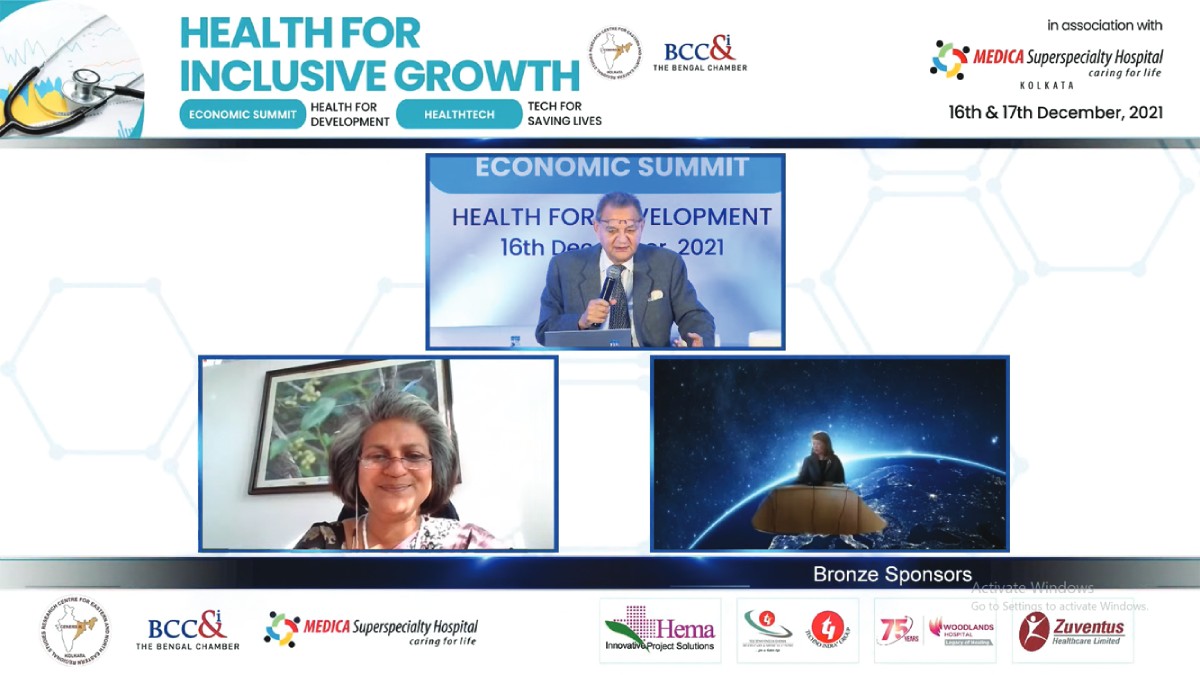 Healthcare in North East — Chairperson Lt. Gen. J R Mukherjee, PVSM, AVSM, VSM (Retd), Member Emeritus, Governing Council, Centre for East and North East Regional Studies, Kolkata CENERS−K (1st Row) with Prof. Sandra Albert, Director, Indian Institute of Public Health Shillong, Center for the Study of Complex Malaria in India (CSCM?), Regional Resource Hub for Health Technologies Assessment in India (RRH−HTAIn) NER (2nd Row L); Dr. Jane R. Ralte, Registrar, Zoram Medical College (2nd Row R)