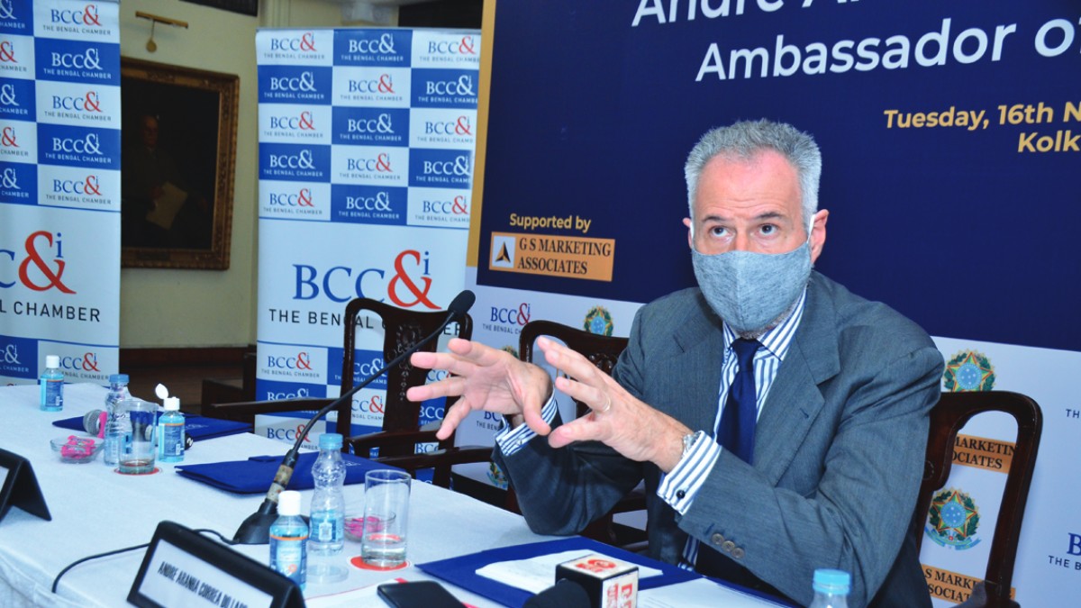 His Excellency Andre Aranha Correa do Lago, Ambassador of Brazil to India addressing the media