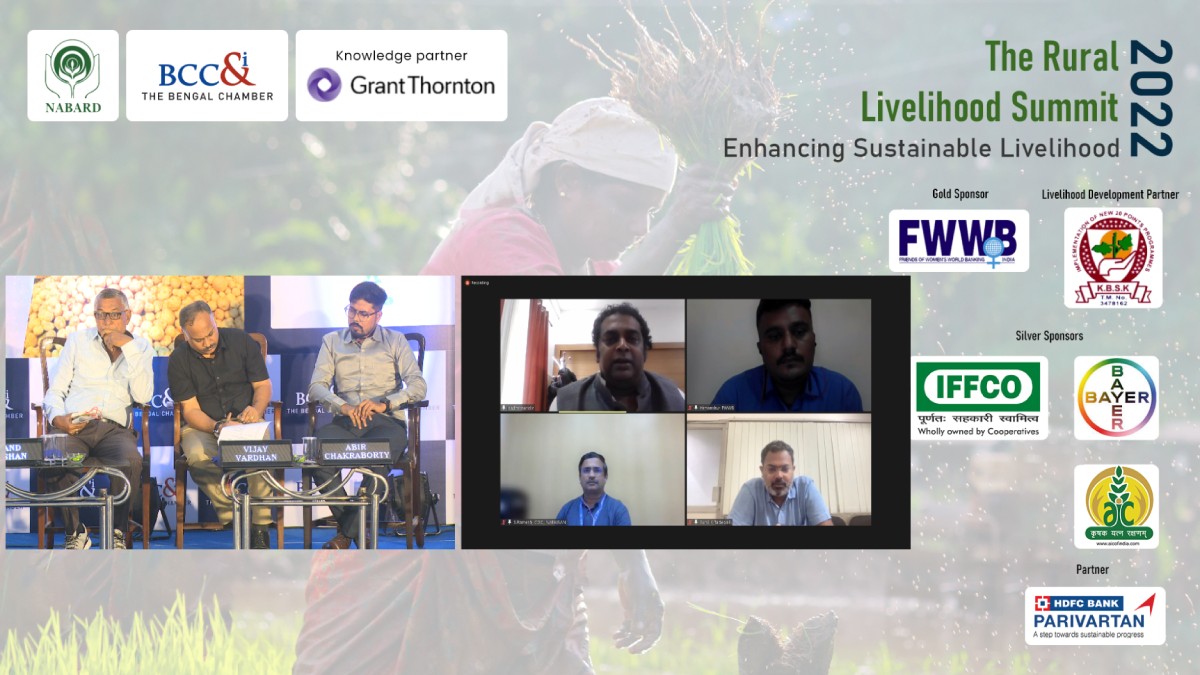Prof. V. Padmanand, Partner, Grant Thornton Bharat LLP, Mr. Sunil Tadepalli, Founding Team Member, Avanti Finance, Mr. Himanshu Vaghela, Manager− Agriculture finance, Friends of Women's World Banking, India,  Mr. S. Ramesh, Chief Operating Officer, Nabkisan Finance Limited, Mr. Vijay Vardhan, General Manager Operations, ITC Limited, Abir Chakraborty, Big Basket Speaking at the Technical session of “Rural Livelihood Summit” Programme