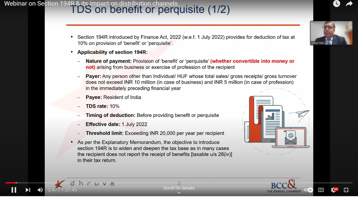 Online Session on Section 194R & its impact on distribution channels in progress − Speaker: Mr. Aditya Hans, Partner, Dhruva Advisors LLP