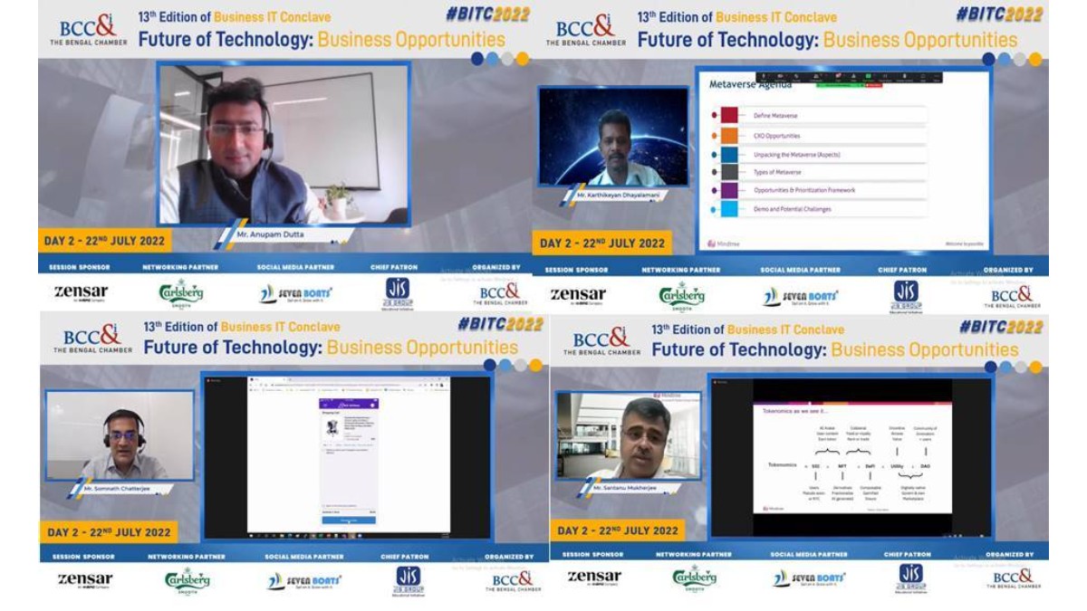 Technology Pivots for Future: 1ST Row (L-R): Session Moderator Mr. Anupam Dutta, Member, IT Committee, The Bengal Chamber of Commerce and Industry and Partner, Data & Analytics, Technology Consulting, PwC India , Mr. Karthikeyan Dhayalamani, Head of Metaverse Practice and ARƒVR COE, Mindtree Ltd. £nd Row (L-R) : Mr.Somnath Chatterjee, Global Advisory Lead for Hospitality and Real Estate, Mindtree Ltd., Mr. Santanu Mukherjee, Head of Blockchain Practice & Principal Architect, Mindtree Ltd
