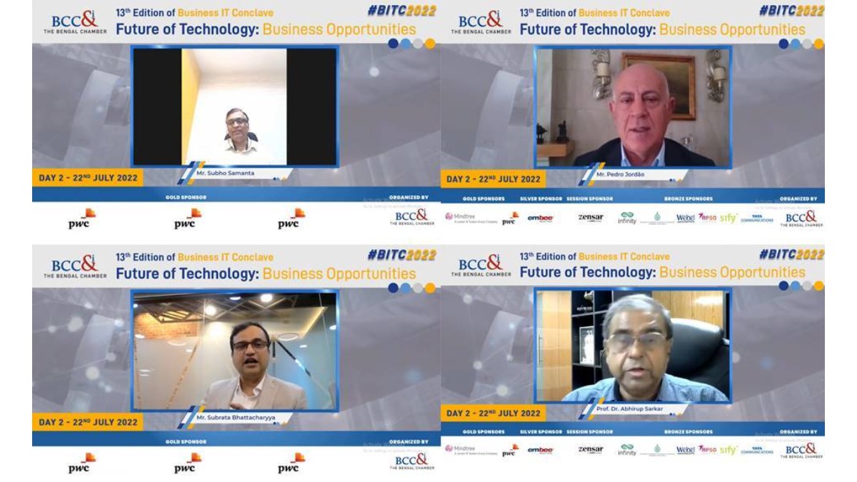 Globalization 4.0: 1St Row (L-R) : Session Moderator Mr. Subho Samanta, Special Invitee, IT Committee, The Bengal Chamber of Commerce and Industry; Mentor, WEBEL− BCC&I Tech Incubation Centre and Founder, Diracsol Business Solutions Pvt. Ltd, Mr.Pedro Jordão, President, CINT. £nd Row (L-R) : Mr. Subrata Bhattacharyya, Director, PharmaQuant, Prof. Dr. Abhirup Sarkar, Former Professor of Economics, Indian Statistical Institute and Chairman, Fifth Finance Commission, West Bengal